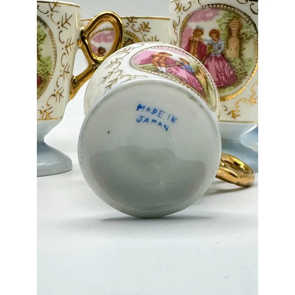 Vintage Japan Demitasse Cups Set of 8‎ Blue Gold Courting Couple Porcelain